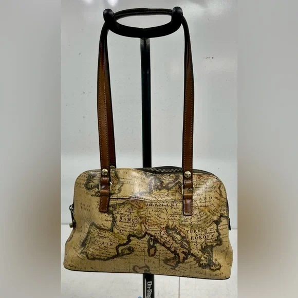 Patricia Nash Sophie Leather Satchel Shoulder Bag TWIST LOCK ZIPPER MAP PRINT - Picture 3 of 7